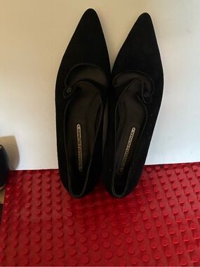 Donald J. Pliner Black Pointed Suede Mary Jane Flats with Button Strap